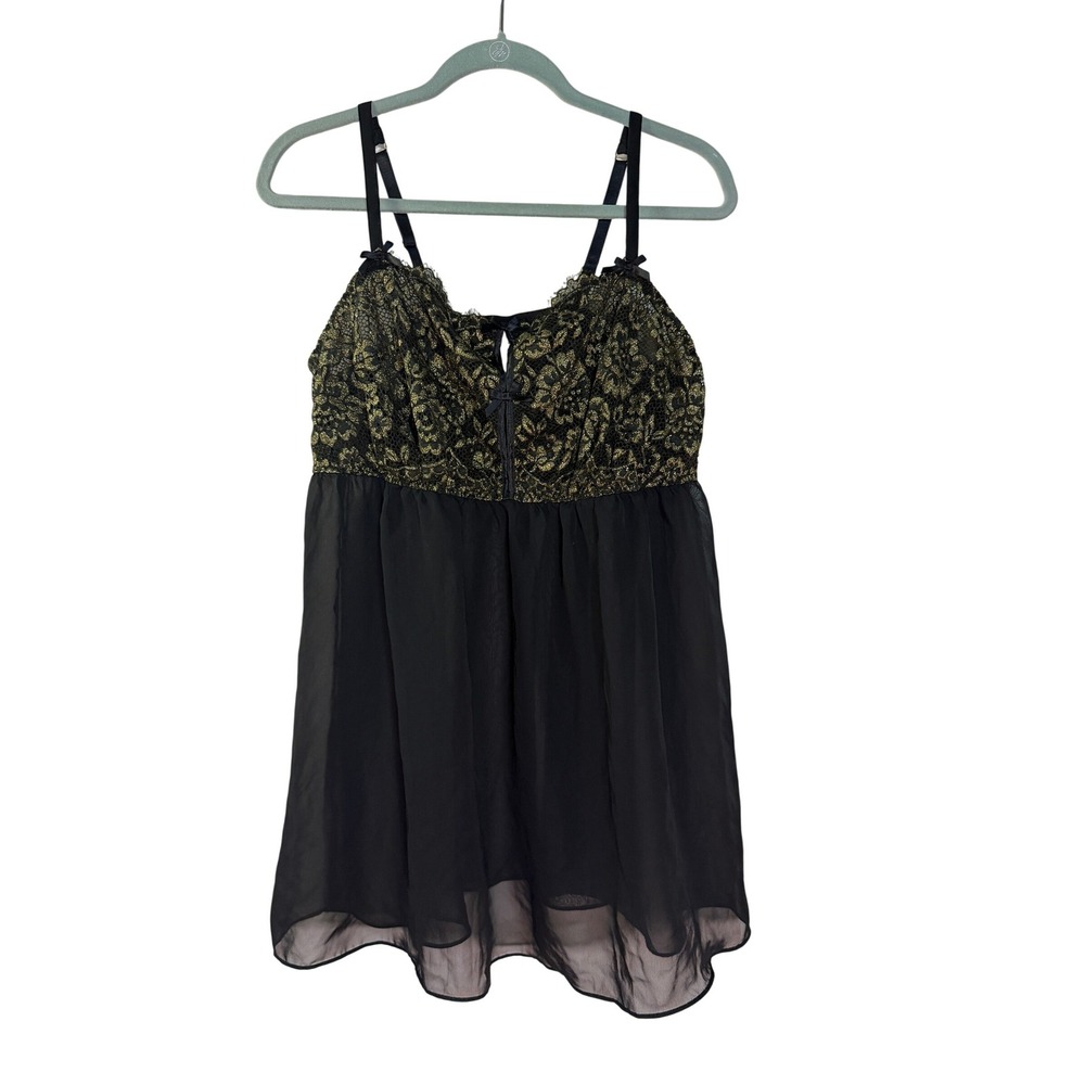 Cacique Babydoll 18/20 Black Gold Lingerie‎ Boudoir Regencycore Glam Nightie